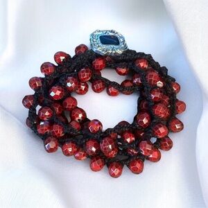 Woven dark red faceted bead wrap bracelet